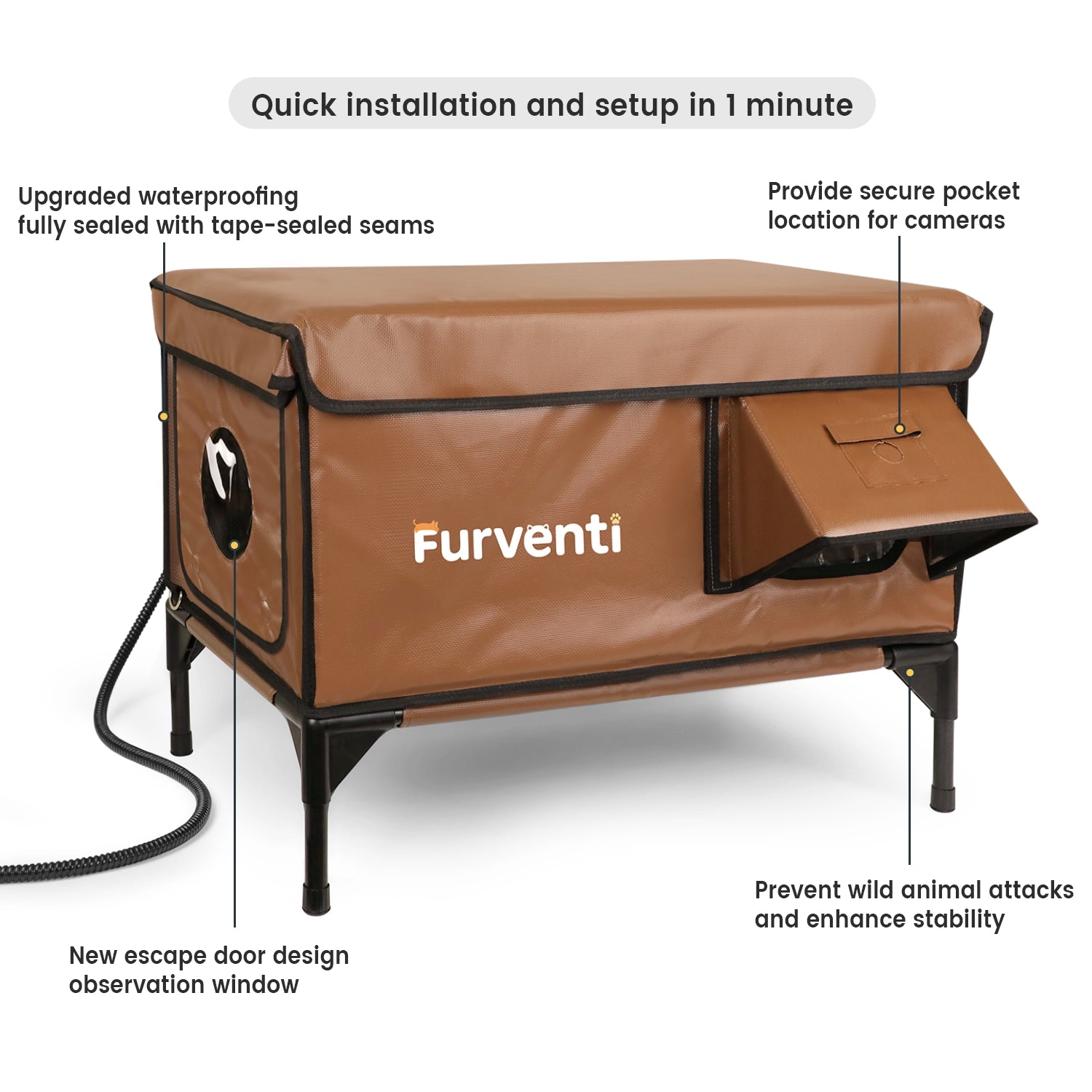 Furventi High Legs Outdoor Cat House Brown Product Features 1 & Outdoor Stray Heated Cat House